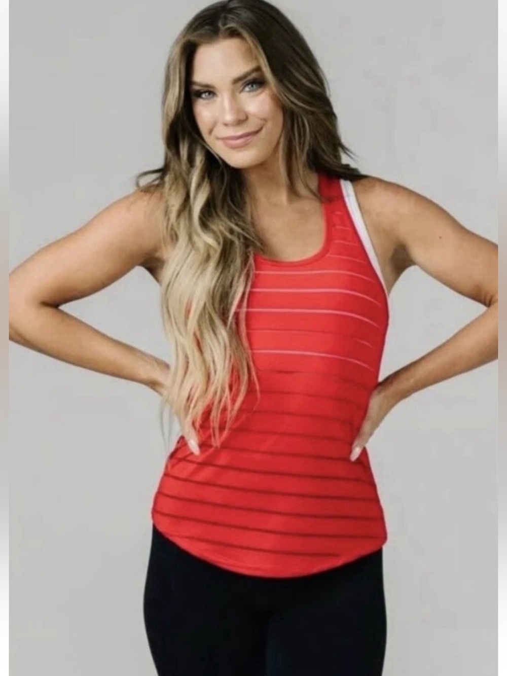 ZYIA ACTIVE tank Top Womens Size Medium Havana Red Semi Sheer Striped Racerback